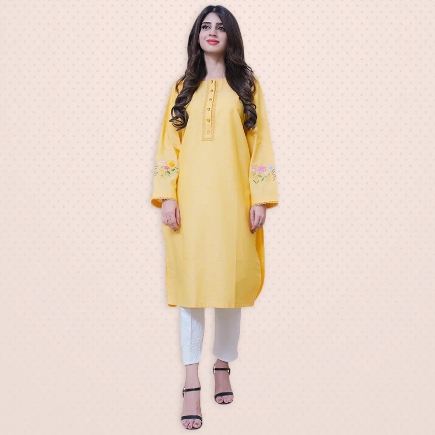 Casual Yellow Dress With Sleeves Embroidery | Lets Look Beautiful