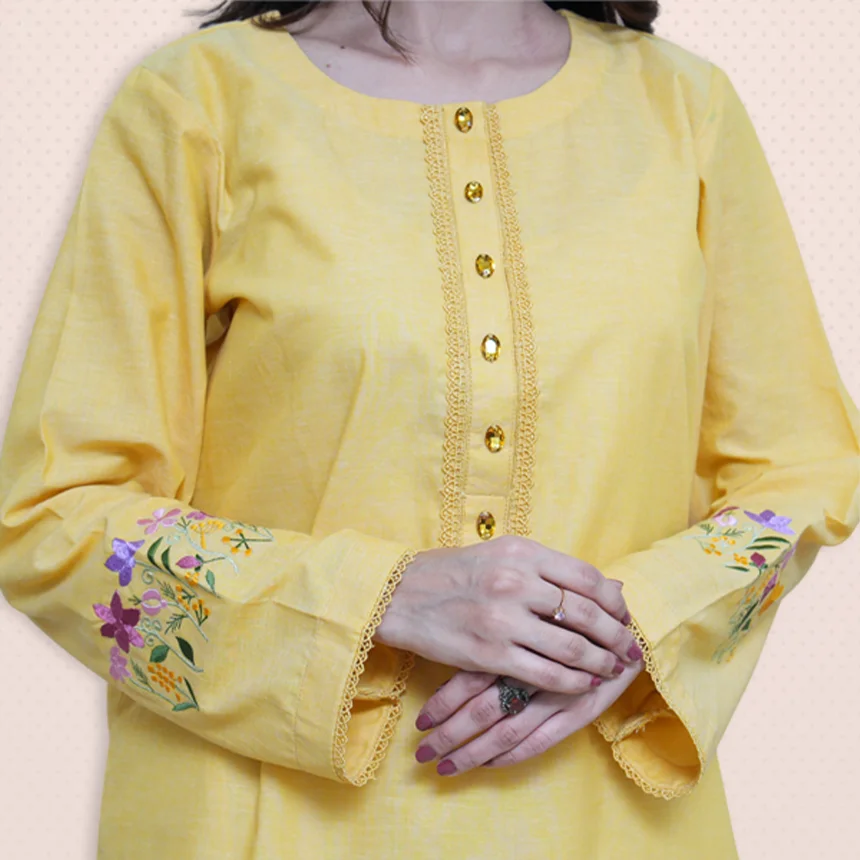 Casual Yellow Dress With Sleeves Embroidery | Lets Look Beautiful