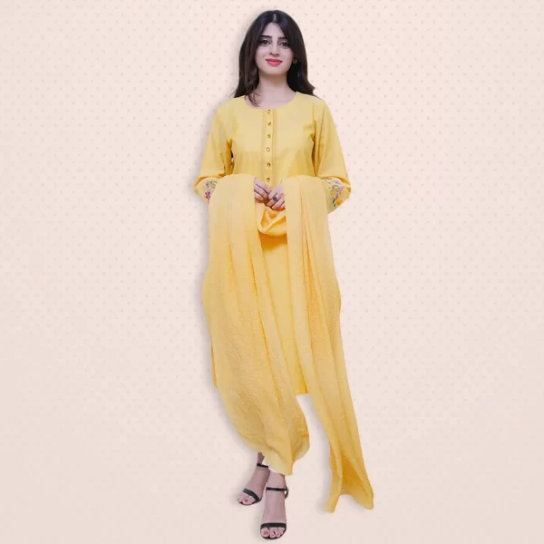 Casual Yellow Dress With Sleeves Embroidery | Lets Look Beautiful