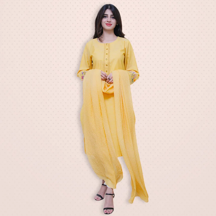 Casual Yellow Dress With Sleeves Embroidery | Lets Look Beautiful