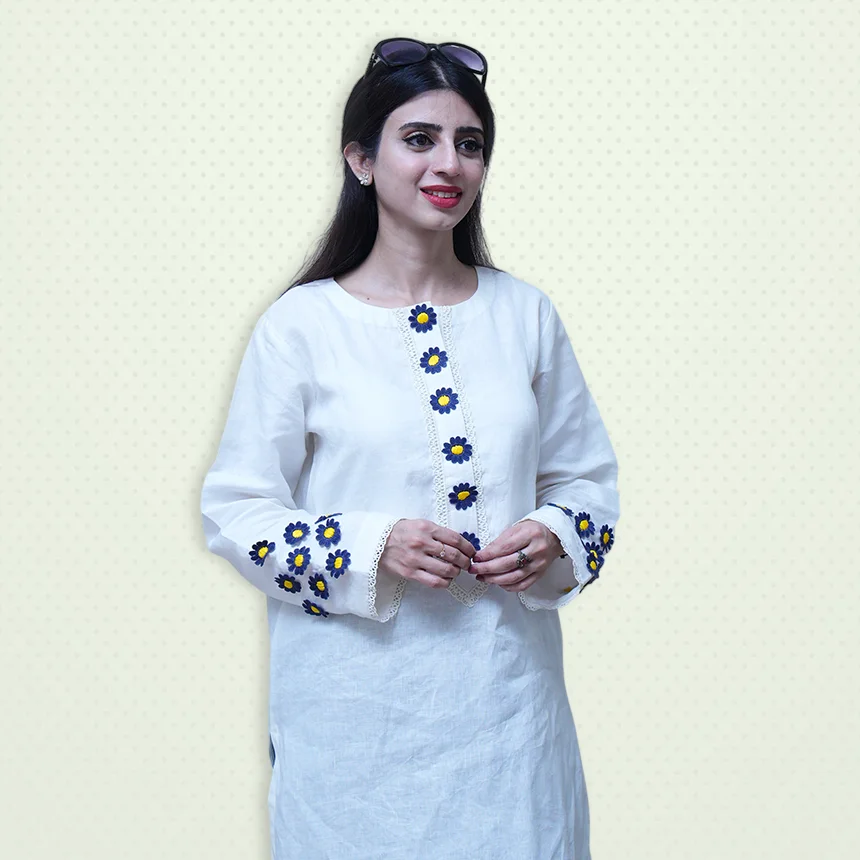Beautiful White Dress With Blue Flowers | Lets Look Beautiful