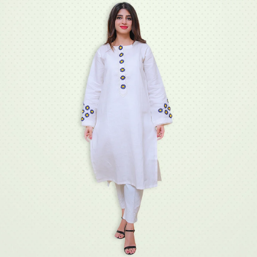 Beautiful White Dress With Blue Flowers | Lets Look Beautiful