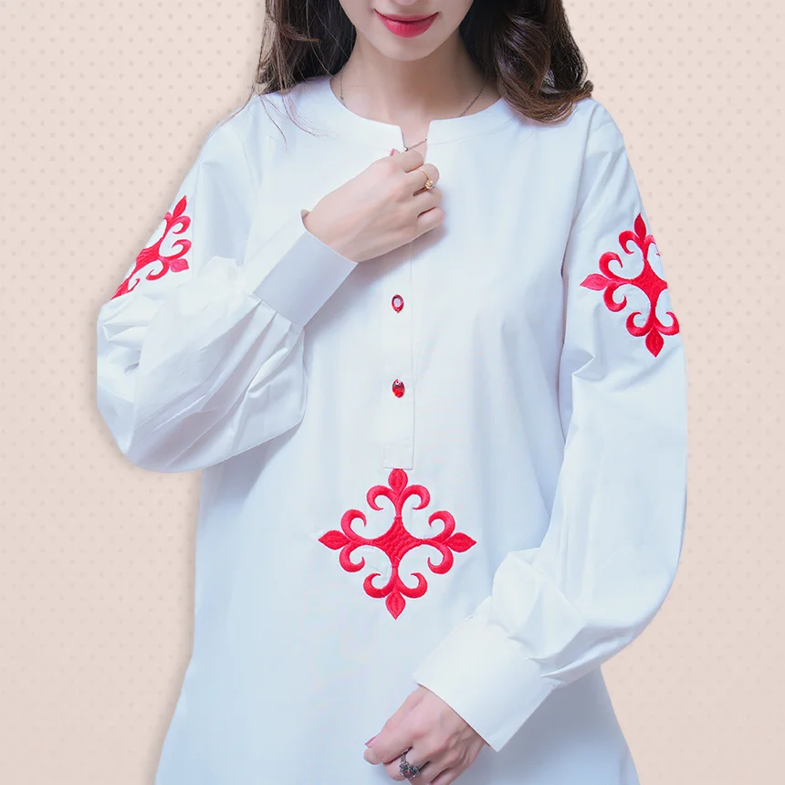 HGK23-05White-1 White Dress With Red motifs on front and sleeves | Lets Look Beautiful