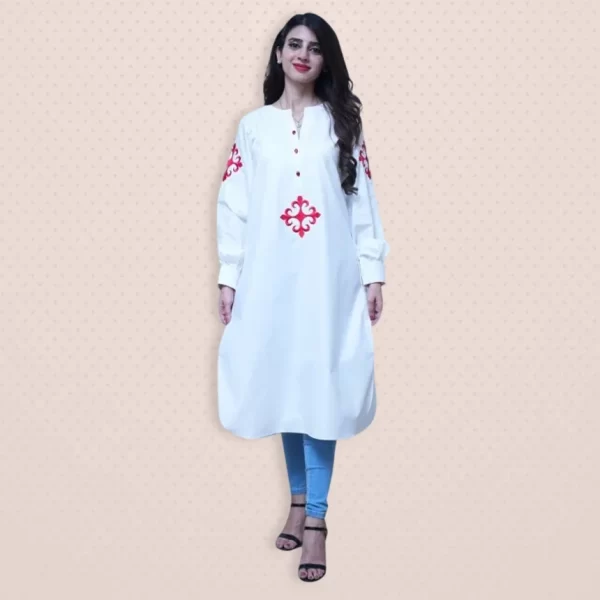 White Dress With Red motifs on front and sleeves | Lets Look Beautiful