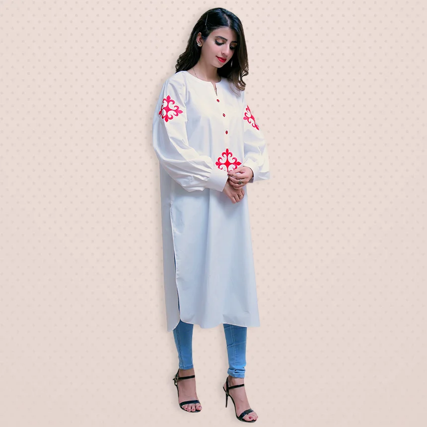 White Dress With Red motifs on front and sleeves | Lets Look Beautiful