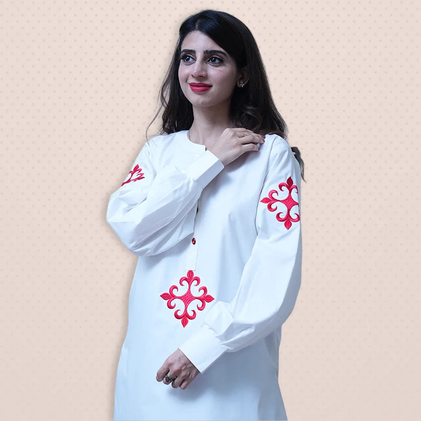 White Dress With Red motifs on front and sleeves | Lets Look Beautiful
